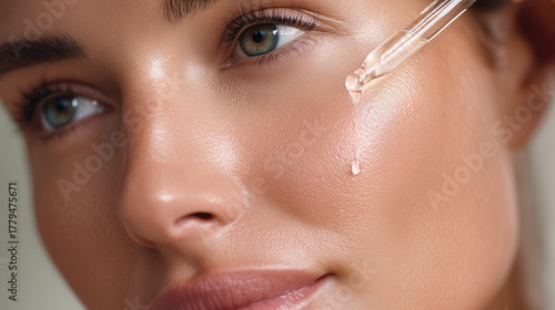  Extreme close-up of a dropper applying a glossy, viscous serum onto a woman's cheekbone. The skin is still damp from cleansing, catching t