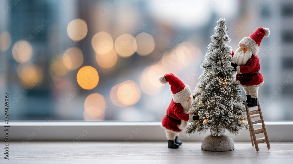 Fototapeta premium Faceless Santa and children decorating a pine tree beside a large window, blurred reflections of snow and golden bokeh outside, with copy space.