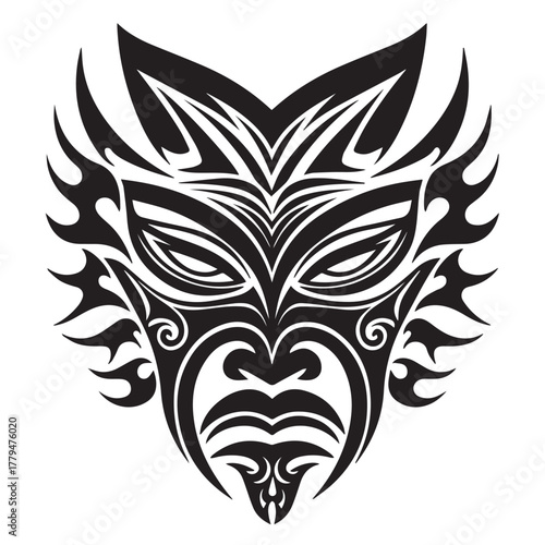 Intricate black tribal mask design with fierce eyes and flame like accents symbolizing power and mystery