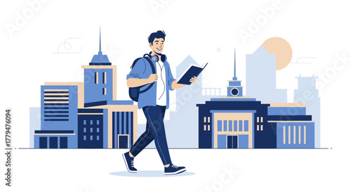 Young Man Walking And Reading Book While Enjoying His Leisure Time In The City