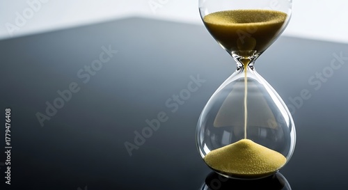Hourglass ticking away time with golden sand on sleek surface represents deadlines, scarcity, and urgency in business, school, or personal life