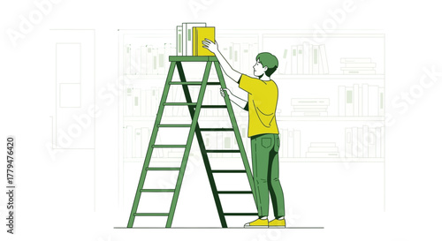 Young Person Arranging Books On A Bookshelf Using A Ladder And Creating Order