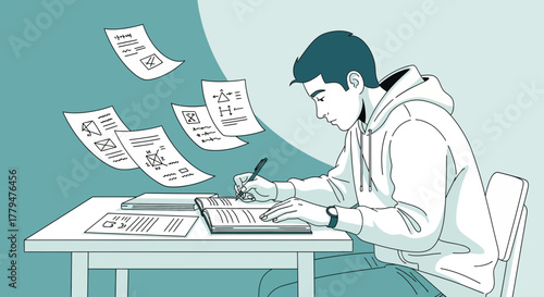Young Person Focused On Learning And Concentrating While Studying At His Desk