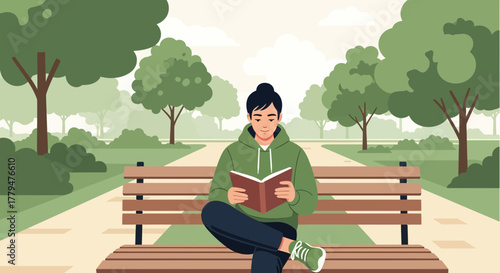 Young Person Reading a Book While Relaxing on a Park Bench in the Greenery