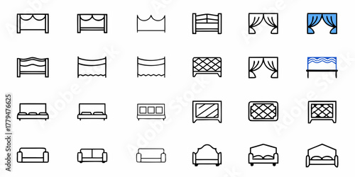 Collection of beds sofas and curtains in various styles and designs for interior decoration and furniture