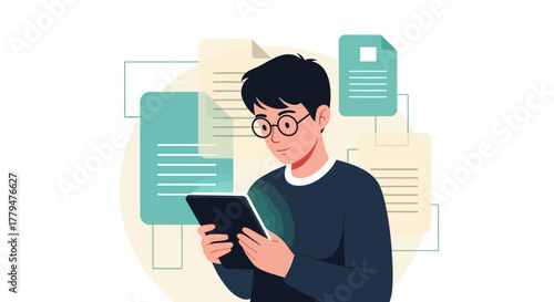 Young Person Reading From a Tablet Device With Documents In The Background