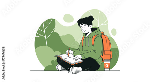 Young Person Sketches While Sat in Nature With A Coffee And Backpack