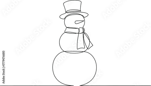 Minimalist line drawing of a snowman with a hat and scarf on a white background
