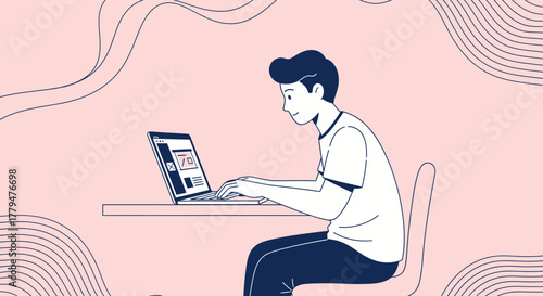Young Person Working On Laptop At Desk With Pink Background And Abstract Lines