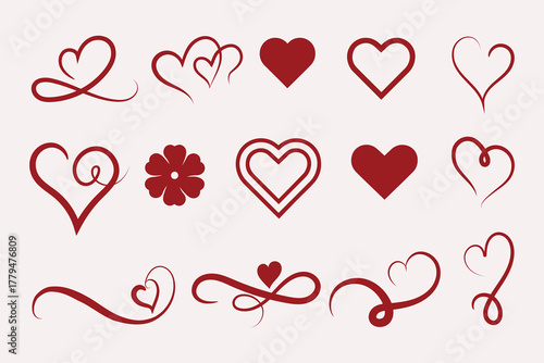 Collection of red heart shapes and floral element, love element vector