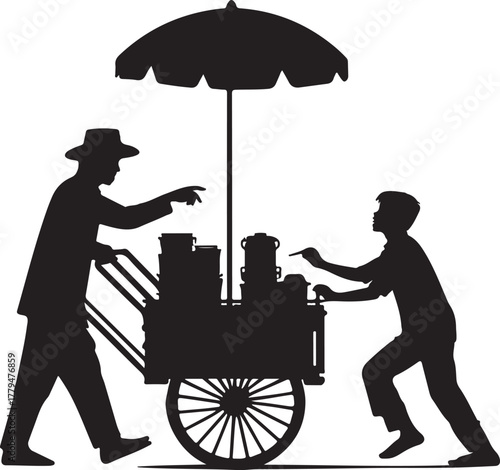 Street vendor pushing cart silhouette cartoon illustration, symbolic service and expressive gesture artwork for lifestyle and urban design