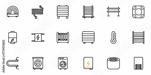 Illustration of various heating and temperature related devices and appliances in a line art style