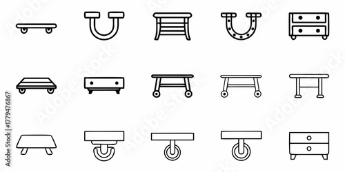 Illustration showcasing various furniture pieces including tables, drawers, and dollies, all in outline style