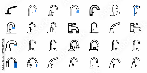 Collection of various types of outlined faucets with water drops and shower heads in a grid format