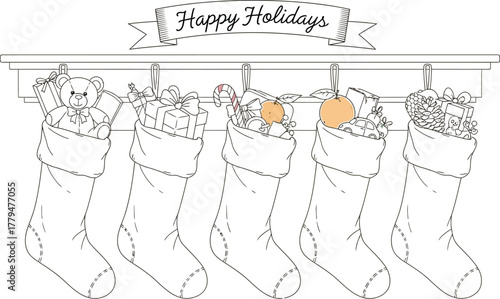 Colorful christmas stockings hanging on a mantelpiece with holiday gifts inside