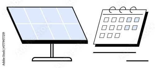 Solar panel paired with a calendar symbolizes scheduling for renewable energy usage, sustainable energy planning, environmental strategy, and eco-friendly solutions. Ideal for energy management