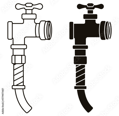 Vector illustration of a water tap in outlined and solid black and white designs