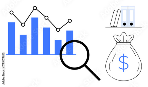 Bar chart with growth trend, magnifying glass, stack of documents, and money bag illustrating data analysis, finance, market research, evaluation, decision-making, performance tracking