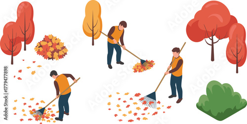 isometric autumn illustration with man raking leaves, fall season yard work scene, outdoor garden maintenance concept, seasonal landscape vector art