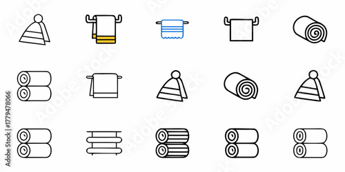 Illustration of towels and hats in various arrangements and styles in a simple line drawing style