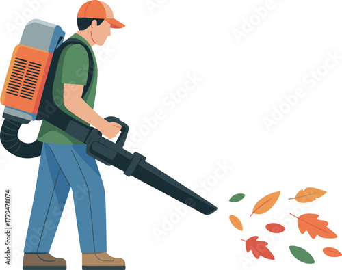 flat illustration of worker using leaf blower, autumn outdoor cleanup concept, garden maintenance scene, seasonal landscaping vector art design