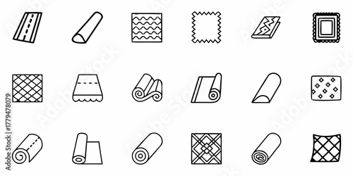 Collection of various textile patterns and rolled fabric samples in simple black and white line art style