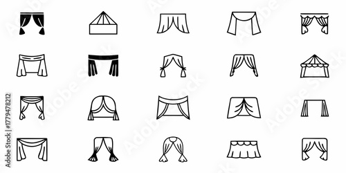 Collection of twenty different minimalist line art illustrations of various curtain and canopy designs