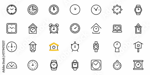 Collection of various clock and watch icons in a grid format displaying different time keeping devices