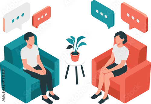 isometric illustration of two people sitting and chatting, digital communication concept, modern social interaction design, online conversation vector art