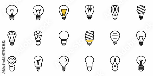 Illustration of various light bulbs with different designs and shapes arranged in a grid pattern