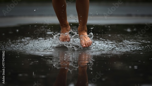 Bare feet splashing in a puddle, capturing the joy of playing in the rain and reflections