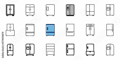 Illustration of different types of refrigerators and cabinets with various designs and configurations