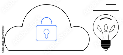 Locked cloud representing secure data storage and protection with a creative light bulb icon. Ideal for technology, cybersecurity, data safety, cloud computing, innovation, privacy, modern solutions