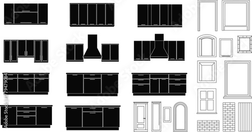 Architectural CAD symbols, cabinetry blocks, window icons, door outlines, wall textures, drafting elements, building design assets, construction plan graphics