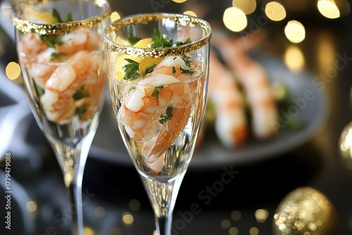 Elegant shrimp cocktail in champagne glasses with festive holiday background