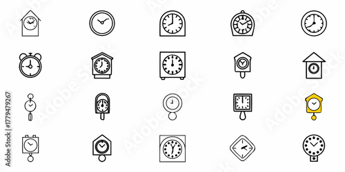 Illustration of various clock types including alarm clocks and cuckoo clocks with different shapes and styles