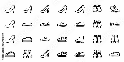 Collection of various footwear types including heels sandals and boots in a simple line drawing style