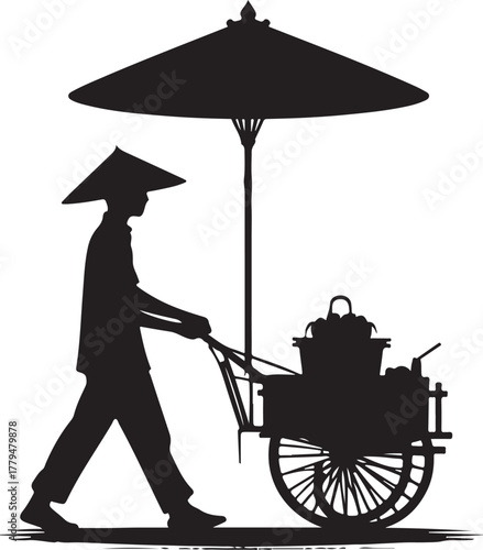 Street vendor pushing cart silhouette cartoon illustration, symbolic service and expressive gesture artwork for lifestyle and urban design