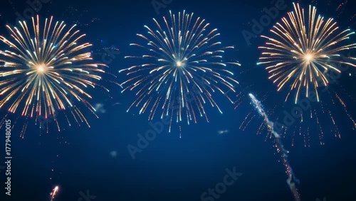 high quality 4k video realistic fireworks exploding vivid colors blue screen background designed independence day new year festive overlay use cinematic slow motion detail bright sparkling
