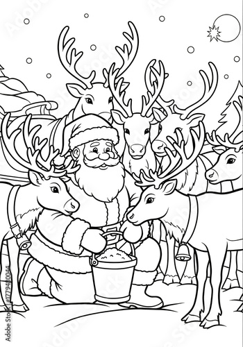 Wallpaper Mural Christmas coloring page Santa feeding reindeer with snowy background and sleigh Torontodigital.ca
