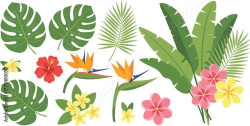 Tropical leaves and flowers create a vibrant and exotic botanical illustration