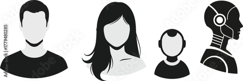 Avatar icons of man, woman, child, and futuristic robot head, minimal black vector silhouettes, profile and bust illustrations, isolated