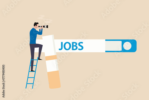 Man on ladder looking through telescope for job opportunities on a search bar labeled jobs
