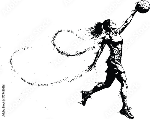 Grunge silhouette of female basketball player jumping with ball, dynamic splash trail, sports poster vector, high energy action illustration, isolated