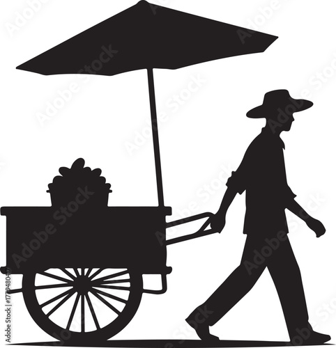 Street vendor pushing cart silhouette cartoon illustration, symbolic service and expressive gesture artwork for lifestyle and urban design