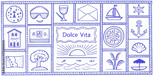 Collection of blue hand drawn icons representing a joyful italian lifestyle and vacation