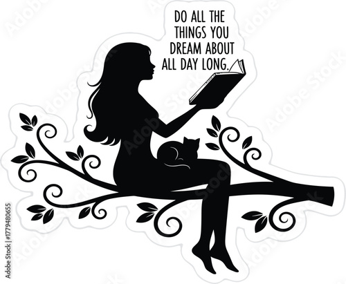 Silhouette girl reading on decorative tree branch with cat, motivational quote, book lover sticker, black vector illustration, cozy nature design
