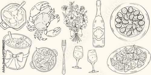 A delightful hand drawn illustration of a celebratory meal with seafood wine and flowers