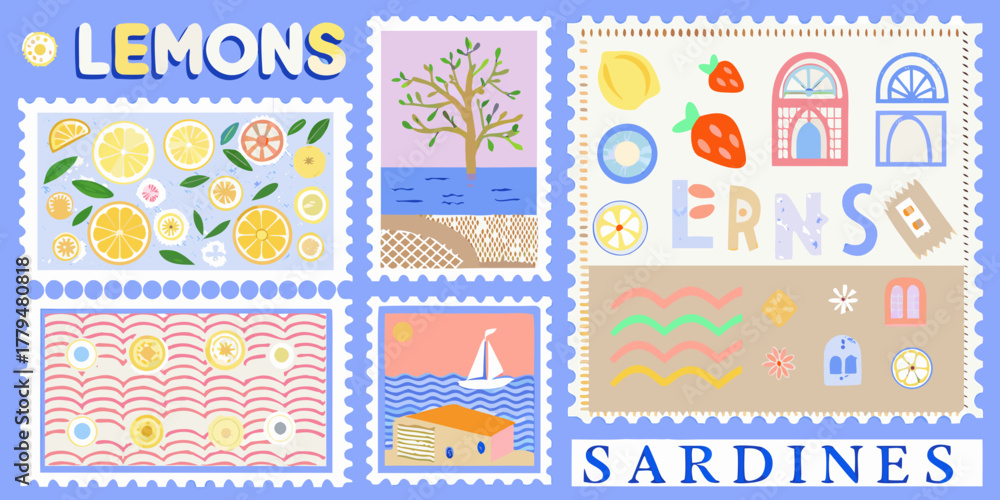 Fototapeta premium Collection of charming postage stamps featuring lemons strawberries and mediterranean seaside scenes