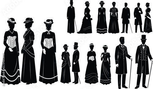 Victorian era silhouettes of gentlemen and ladies, retro fashion costumes, hats, canes, corsets, elegant vintage figures, black vector set collection